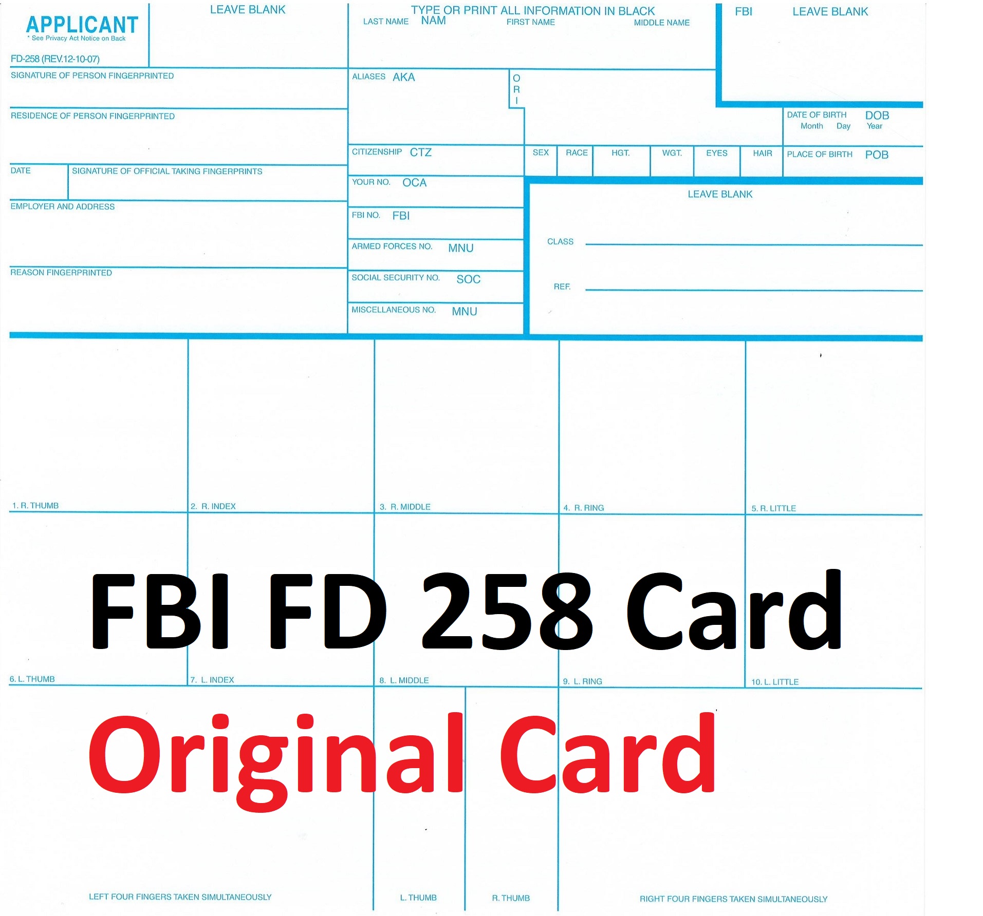 Fingerprint Cards Applicant FD258 PCC Card Original International